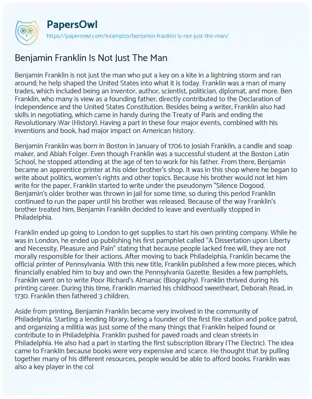 Essay on Benjamin Franklin is not Just the Man