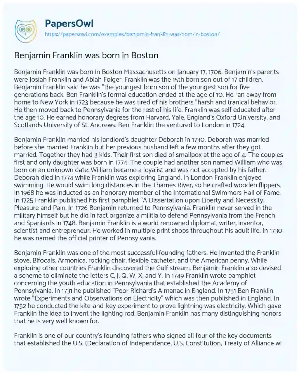 Essay on Benjamin Franklin was Born in Boston