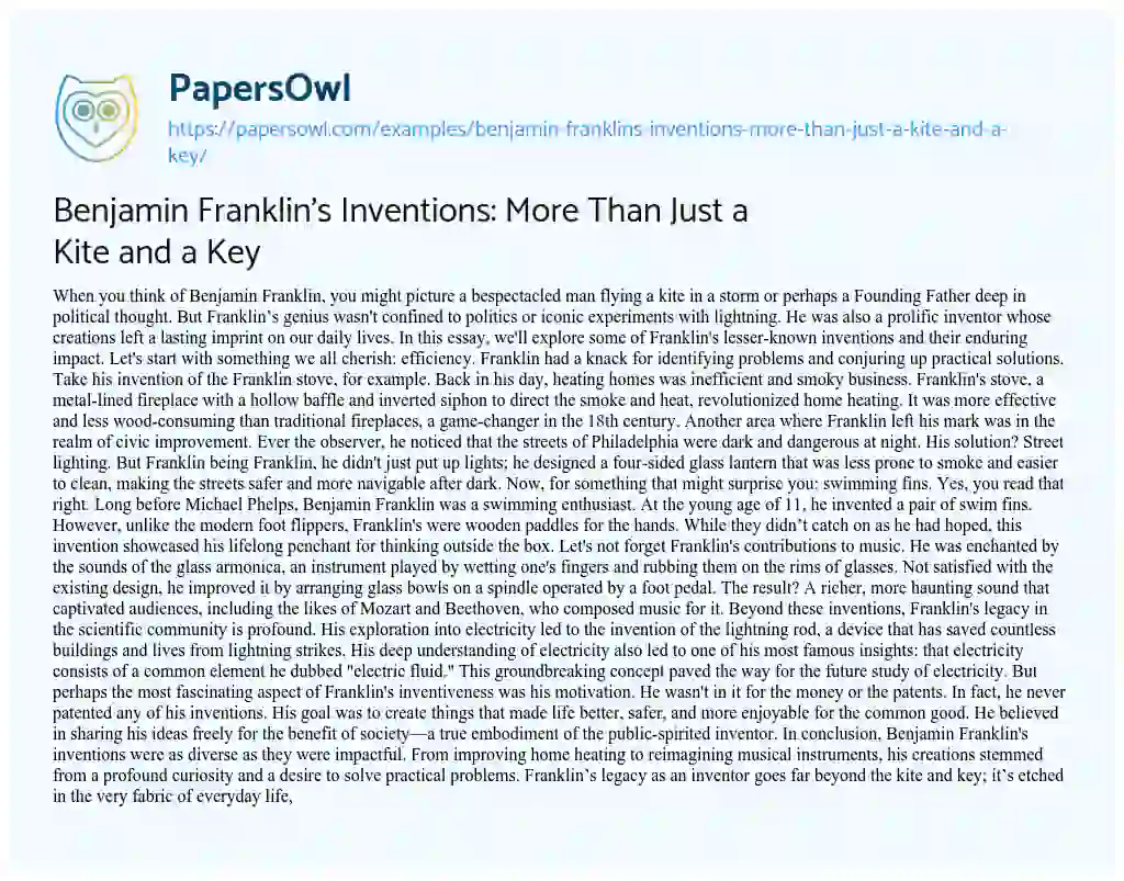 Essay on Benjamin Franklin’s Inventions: more than Just a Kite and a Key