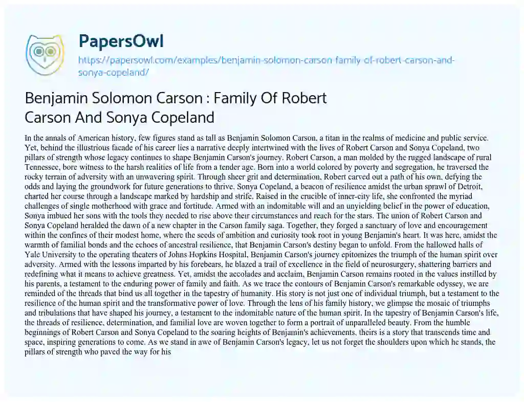 Essay on Benjamin Solomon Carson : Family of Robert Carson and Sonya Copeland