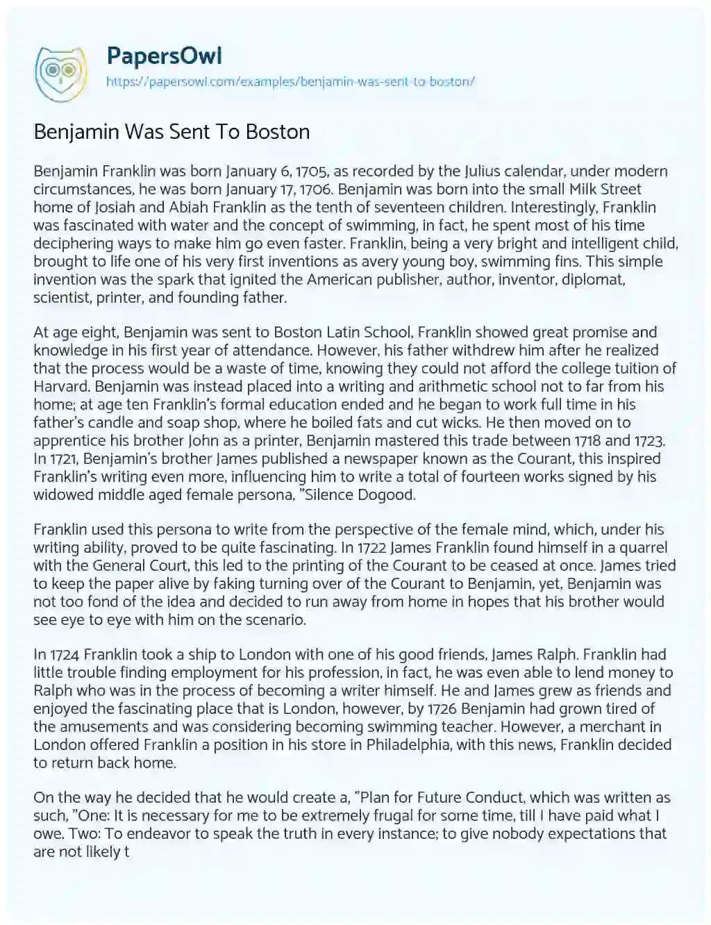 Benjamin was Sent to Boston essay