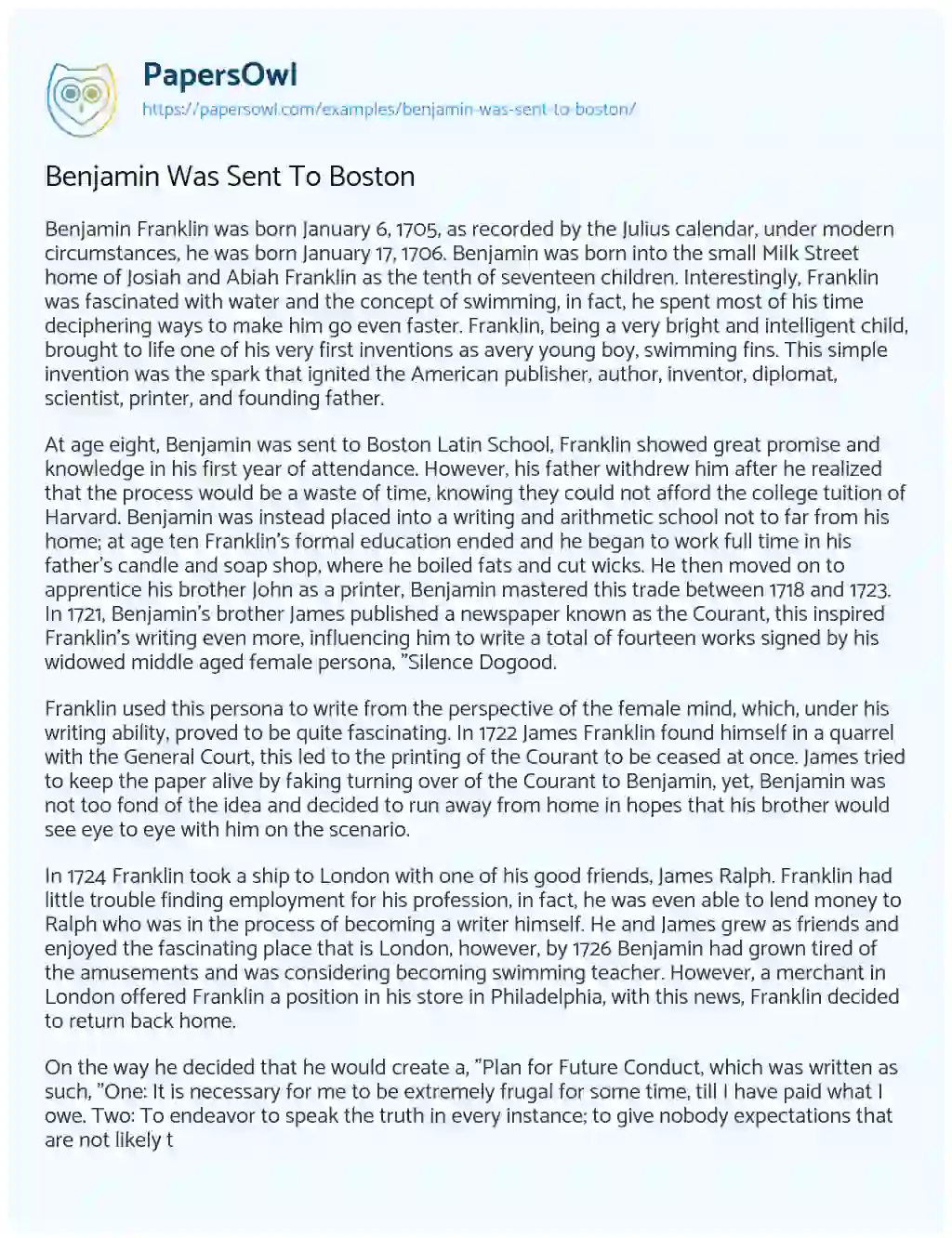 Essay on Benjamin was Sent to Boston