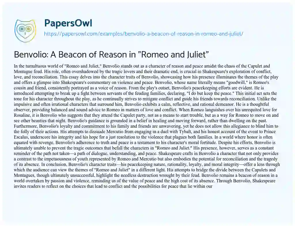 Essay on Benvolio: a Beacon of Reason in “Romeo and Juliet”