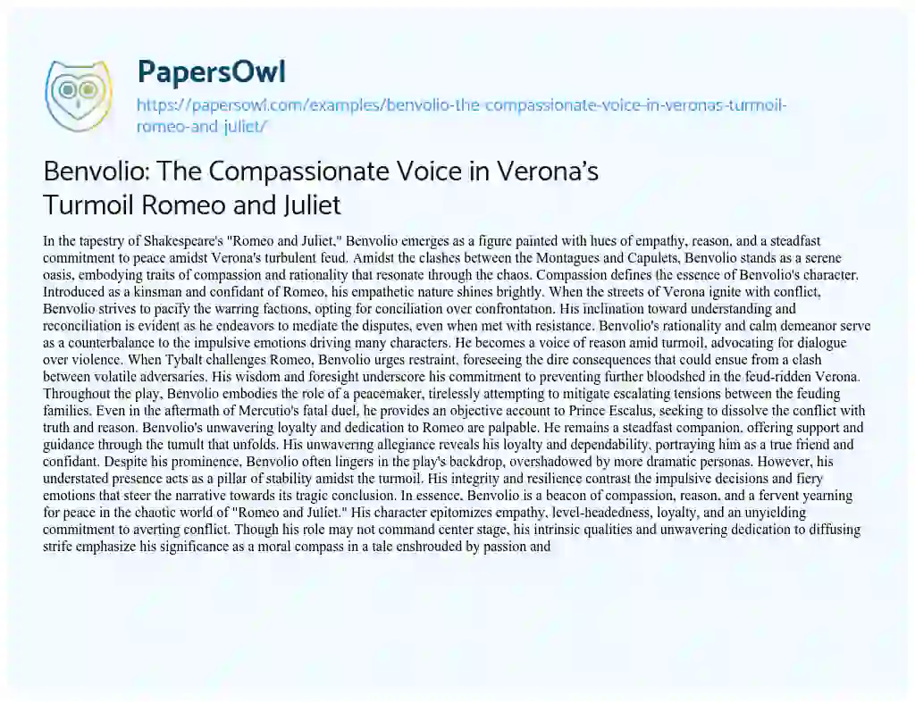 Essay on Benvolio: the Compassionate Voice in Verona’s Turmoil Romeo and Juliet
