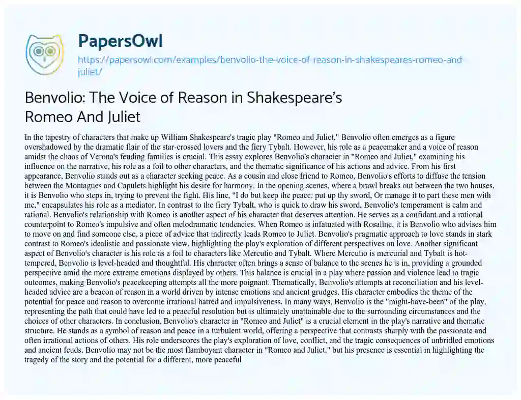 Essay on Benvolio: the Voice of Reason in Shakespeare’s Romeo and Juliet