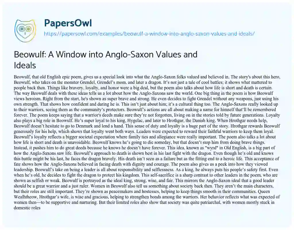 Essay on Beowulf: a Window into Anglo-Saxon Values and Ideals