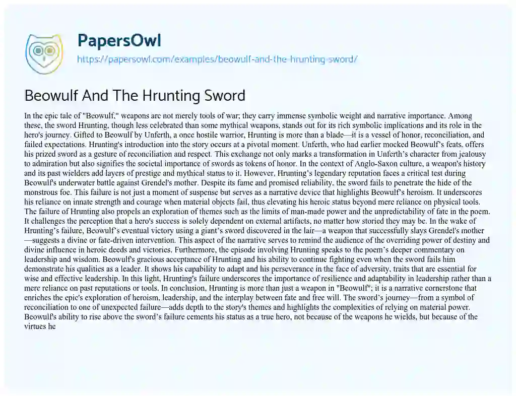 Essay on Beowulf and the Hrunting Sword