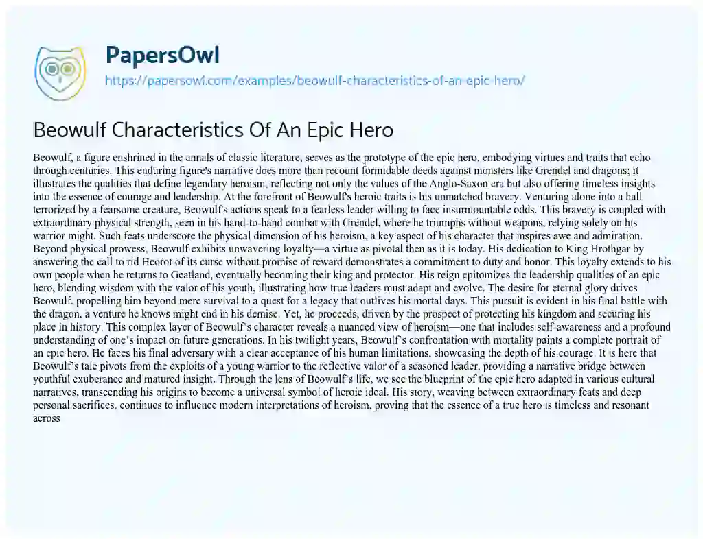 Essay on Beowulf Characteristics of an Epic Hero