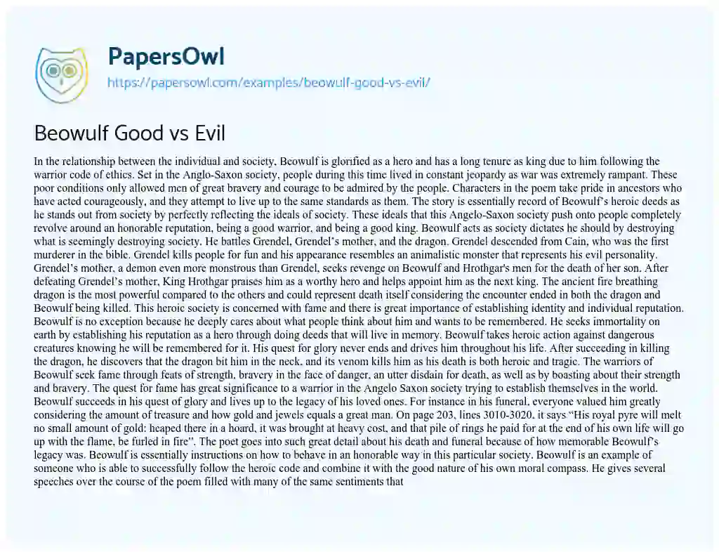 Essay on Beowulf Good Vs Evil