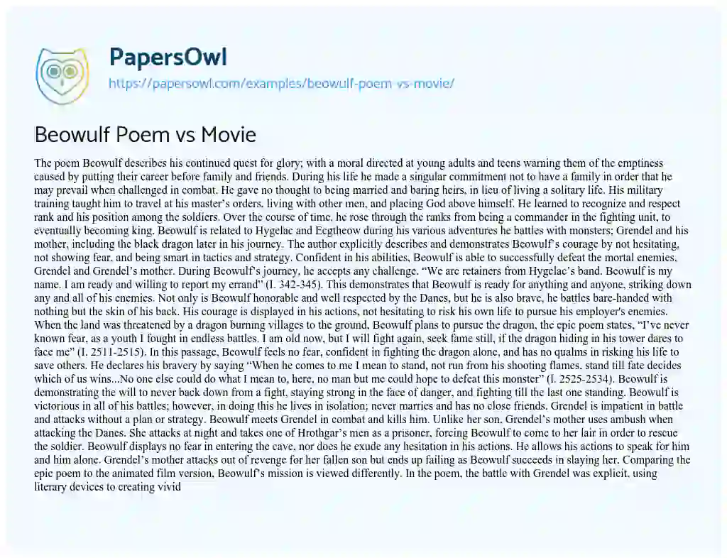 Essay on Beowulf Poem Vs Movie