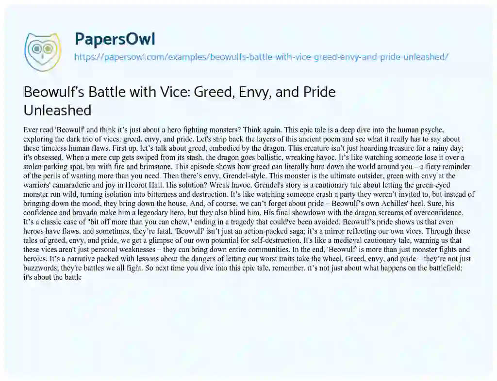 Essay on Beowulf’s Battle with Vice: Greed, Envy, and Pride Unleashed
