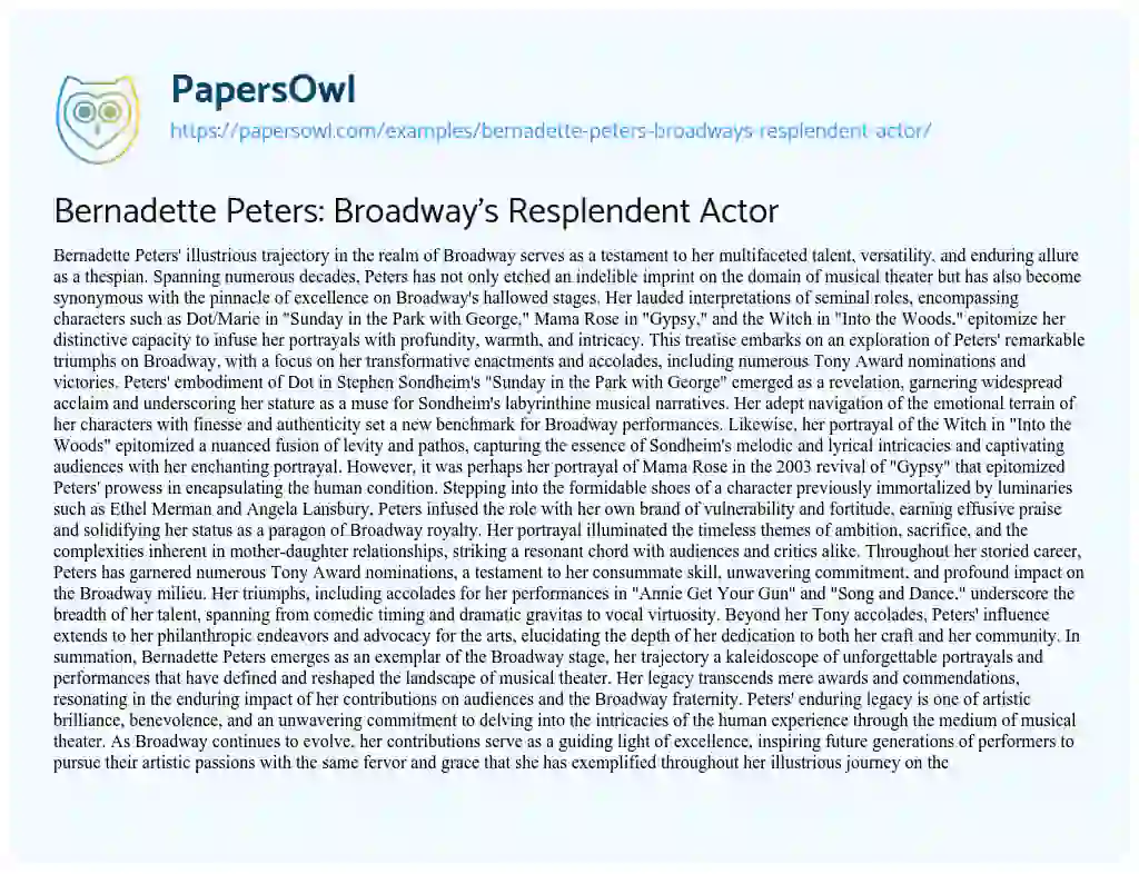 Essay on Bernadette Peters: Broadway’s Resplendent Actor