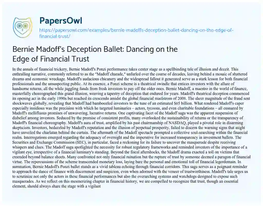 Essay on Bernie Madoff’s Deception Ballet: Dancing on the Edge of Financial Trust
