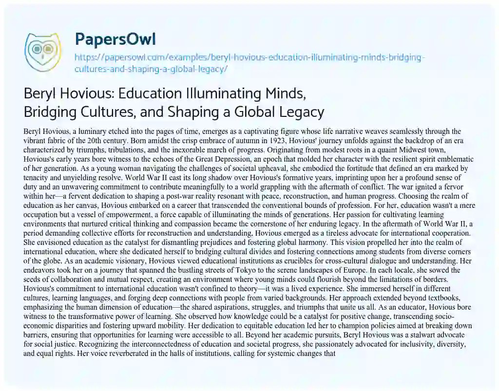 Essay on Beryl Hovious: Education Illuminating Minds, Bridging Cultures, and Shaping a Global Legacy