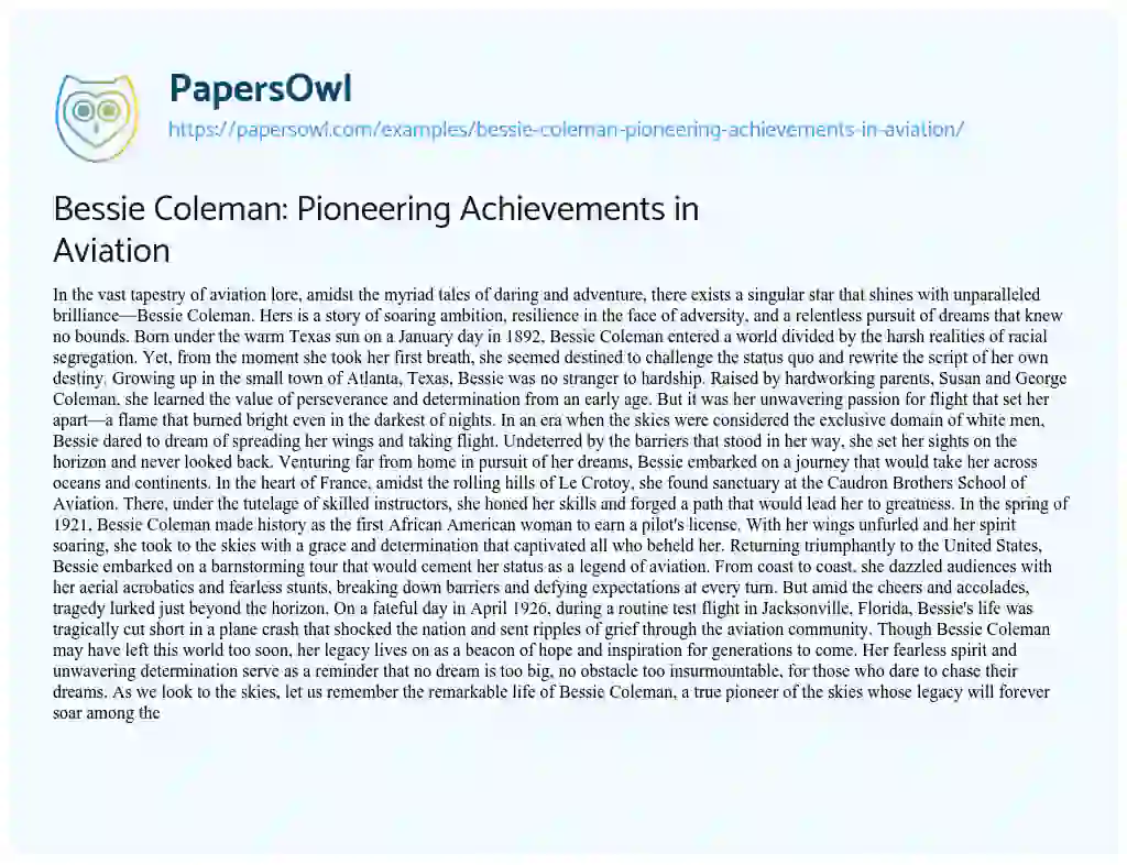 Essay on Bessie Coleman: Pioneering Achievements in Aviation
