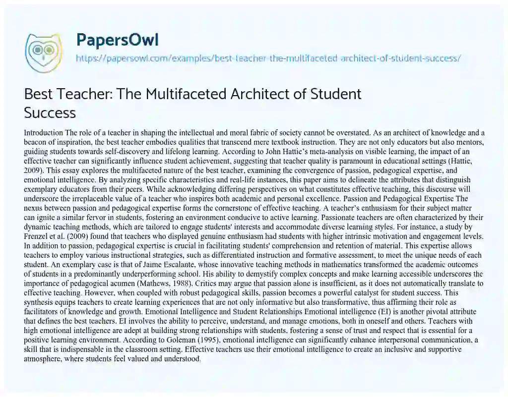 Essay on Best Teacher: The Multifaceted Architect of Student Success