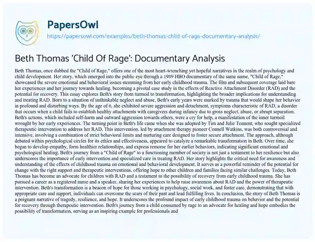 Essay on Beth Thomas ‘Child of Rage’: Documentary Analysis