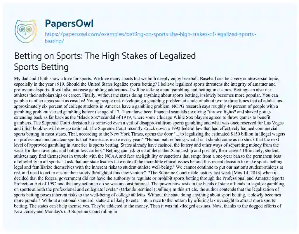 Essay on Betting on Sports: the High Stakes of Legalized Sports Betting