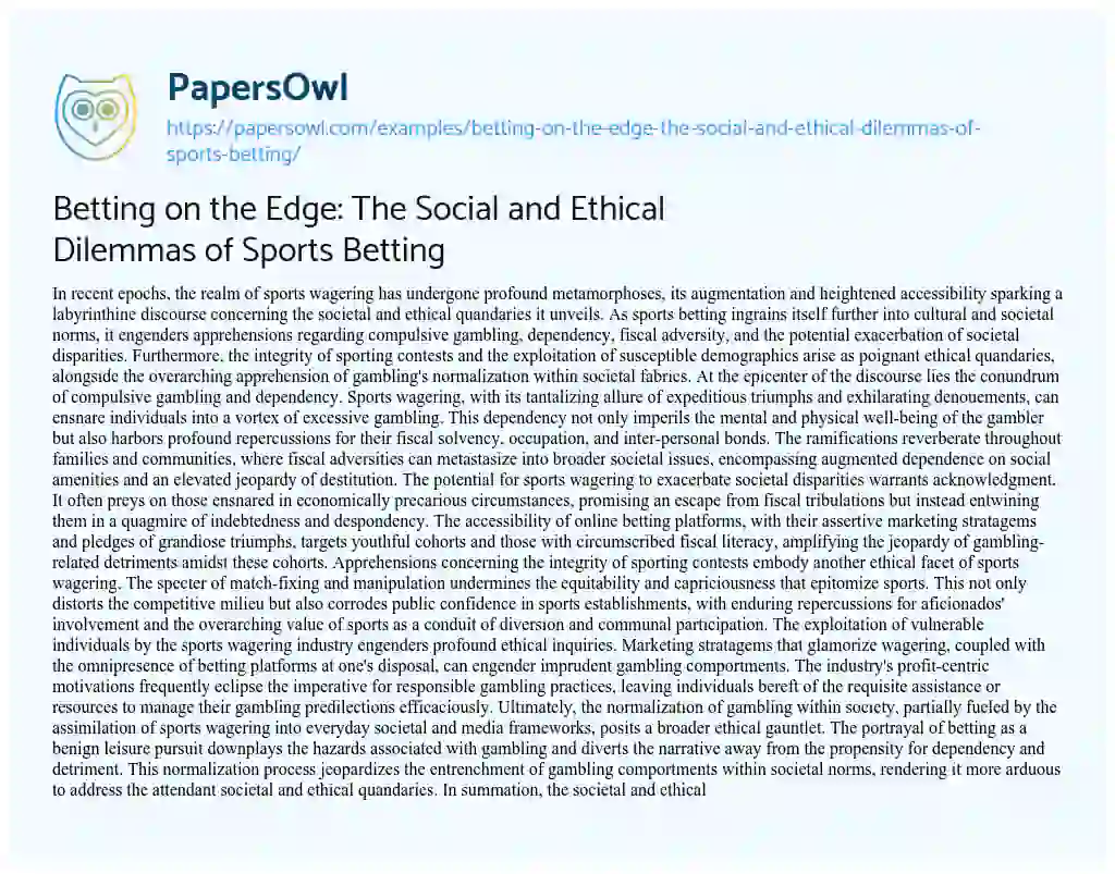 Essay on Betting on the Edge: the Social and Ethical Dilemmas of Sports Betting