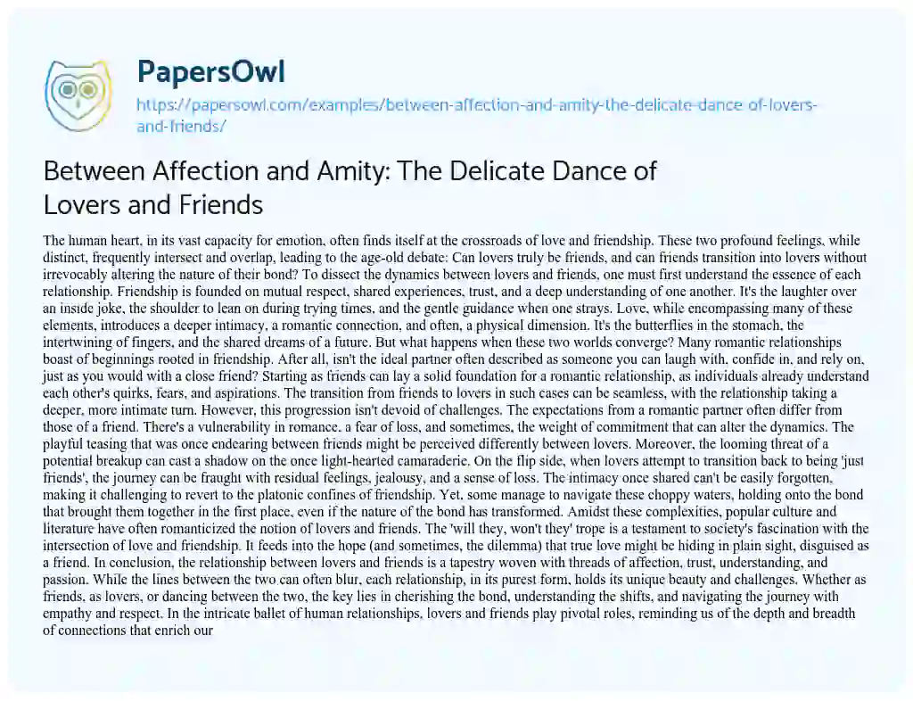 Essay on Between Affection and Amity: the Delicate Dance of Lovers and Friends