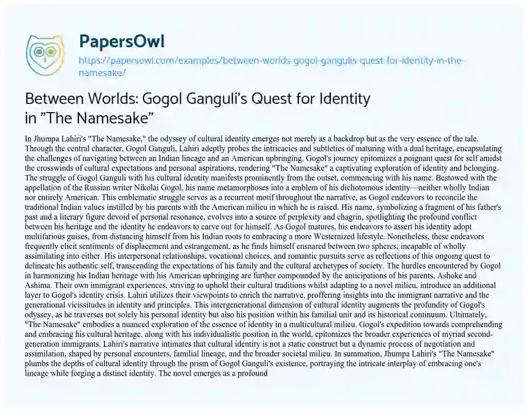 Essay on Between Worlds: Gogol Ganguli’s Quest for Identity in “The Namesake”