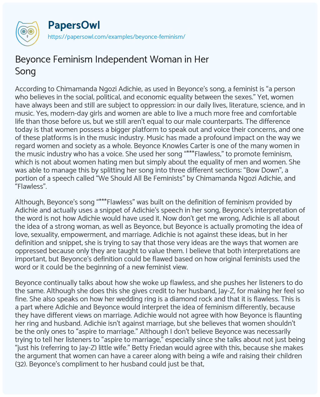 Essay on Beyonce Feminism Independent Woman in her Song