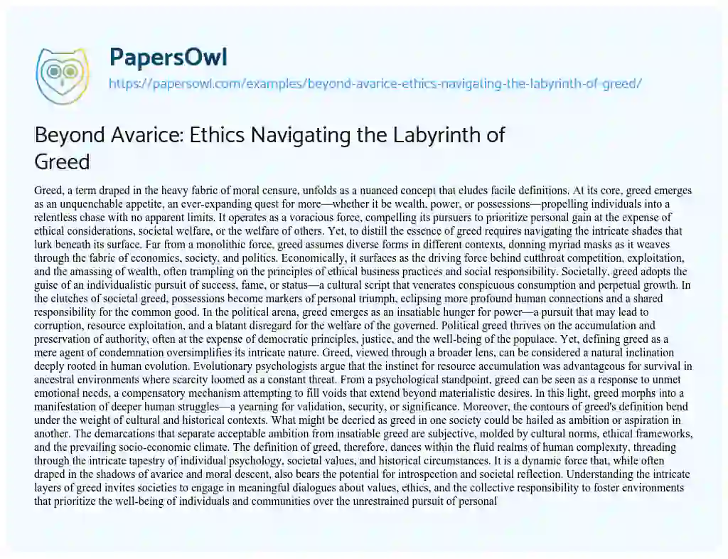 Essay on Beyond Avarice: Ethics Navigating the Labyrinth of Greed