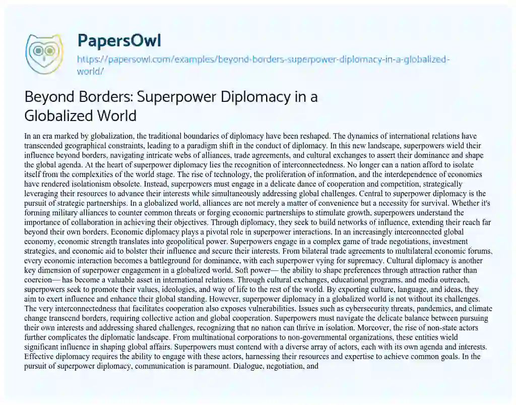 Essay on Beyond Borders: Superpower Diplomacy in a Globalized World