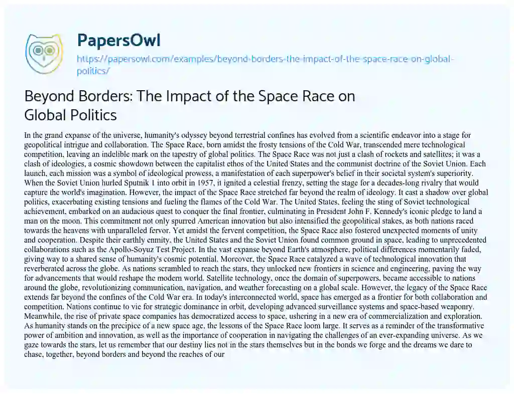 Essay on Beyond Borders: the Impact of the Space Race on Global Politics