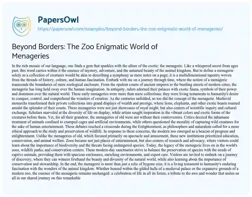 Essay on Beyond Borders: the Zoo Enigmatic World of Menageries
