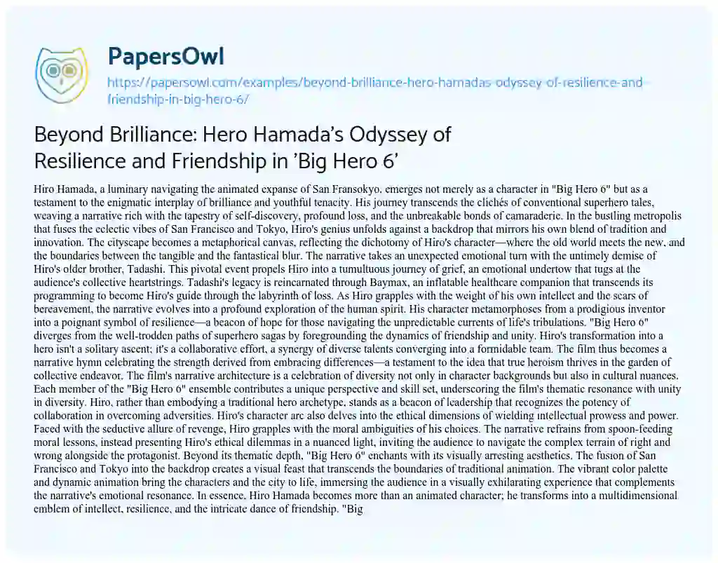 Essay on Beyond Brilliance: Hero Hamada’s Odyssey of Resilience and Friendship in ‘Big Hero 6’