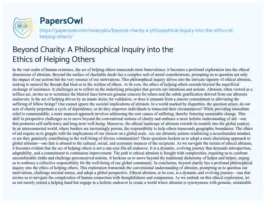 Essay on Beyond Charity: a Philosophical Inquiry into the Ethics of Helping Others