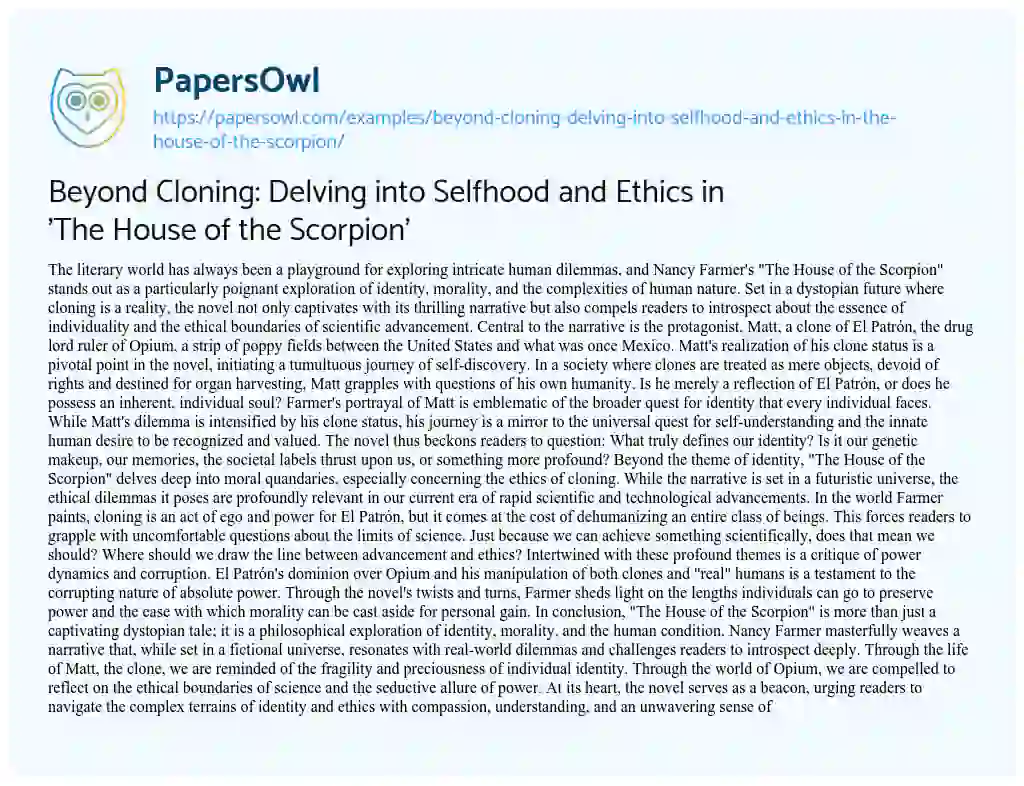 Essay on Beyond Cloning: Delving into Selfhood and Ethics in ‘The House of the Scorpion’