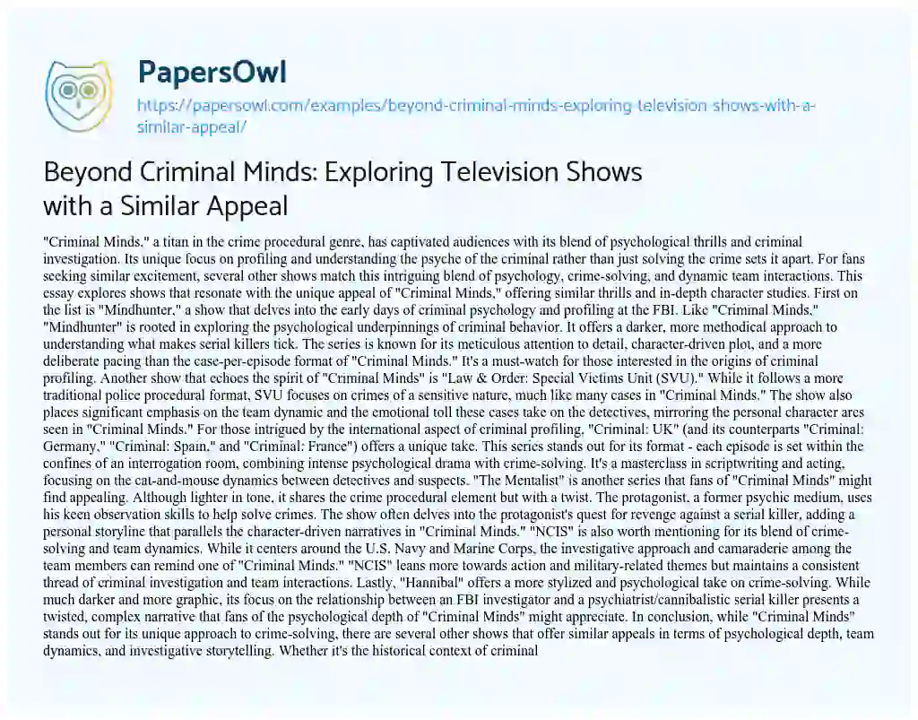 Essay on Beyond Criminal Minds: Exploring Television Shows with a Similar Appeal