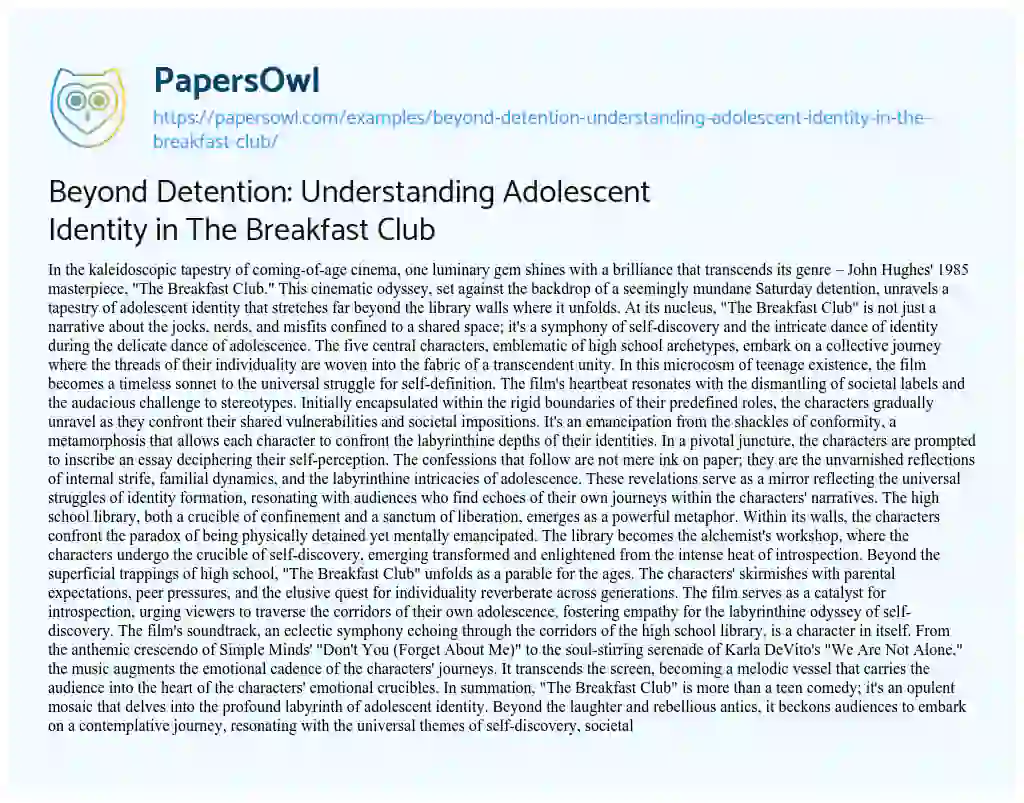 Essay on Beyond Detention: Understanding Adolescent Identity in the Breakfast Club