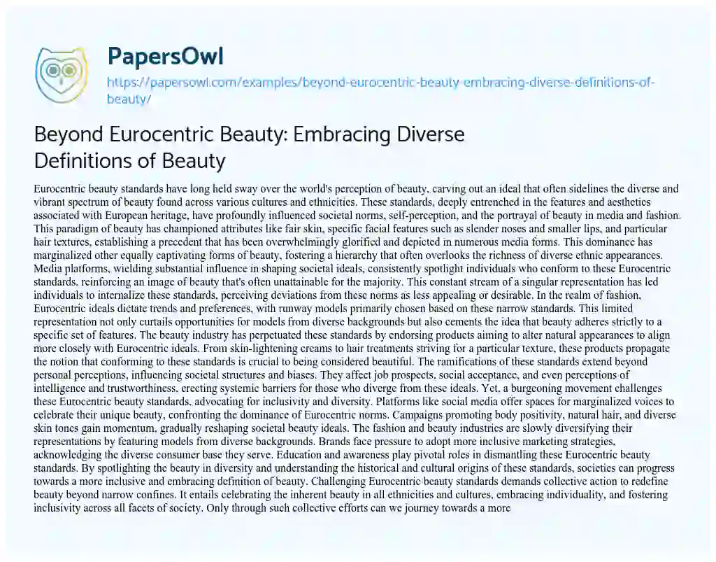 Essay on Beyond Eurocentric Beauty: Embracing Diverse Definitions of Beauty