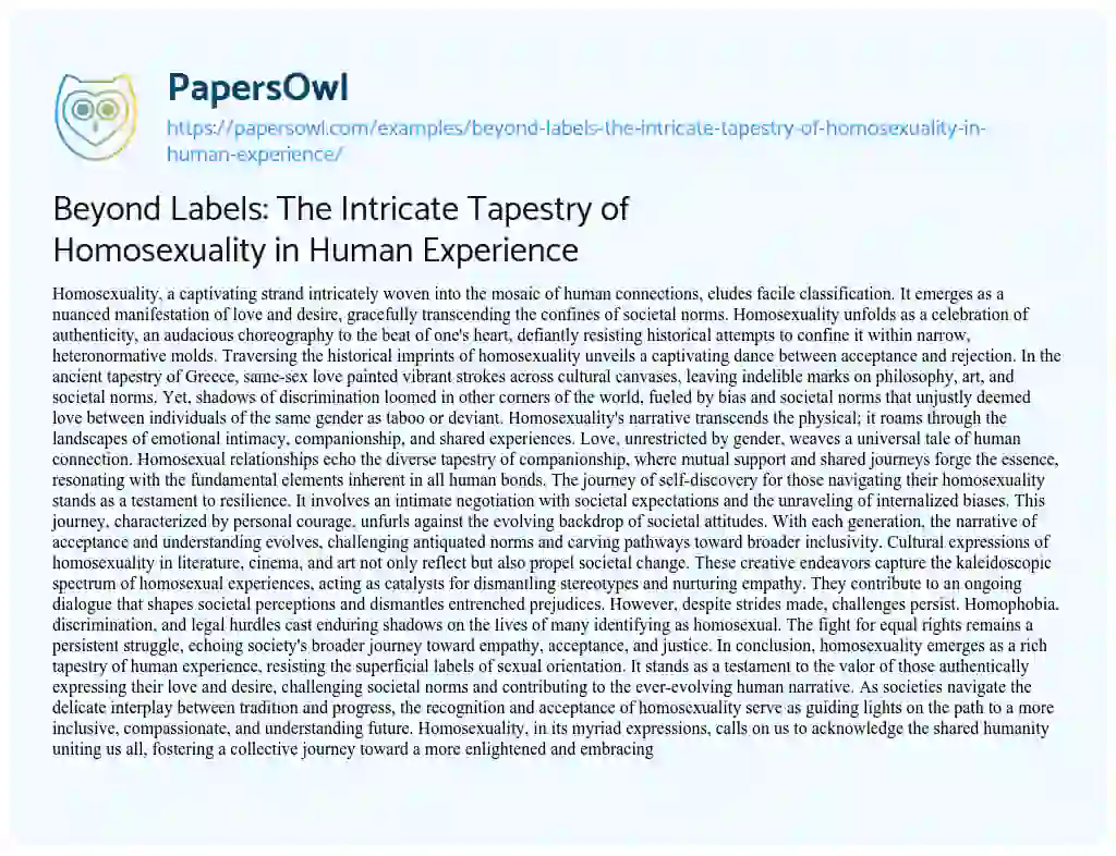 Essay on Beyond Labels: the Intricate Tapestry of Homosexuality in Human Experience
