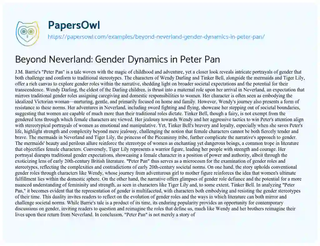 Essay on Beyond Neverland: Gender Dynamics in Peter Pan