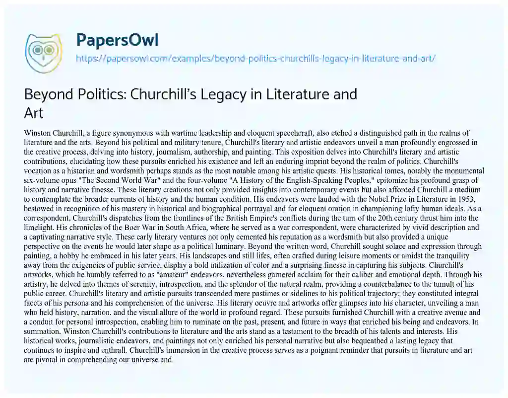 Essay on Beyond Politics: Churchill’s Legacy in Literature and Art