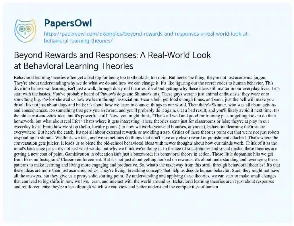 Essay on Beyond Rewards and Responses: a Real-World Look at Behavioral Learning Theories