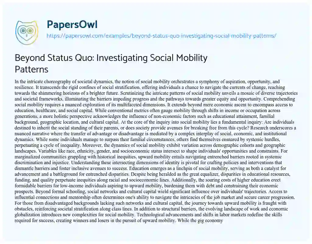 Essay on Beyond Status Quo: Investigating Social Mobility Patterns