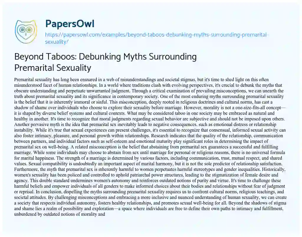 Essay on Beyond Taboos: Debunking Myths Surrounding Premarital Sexuality