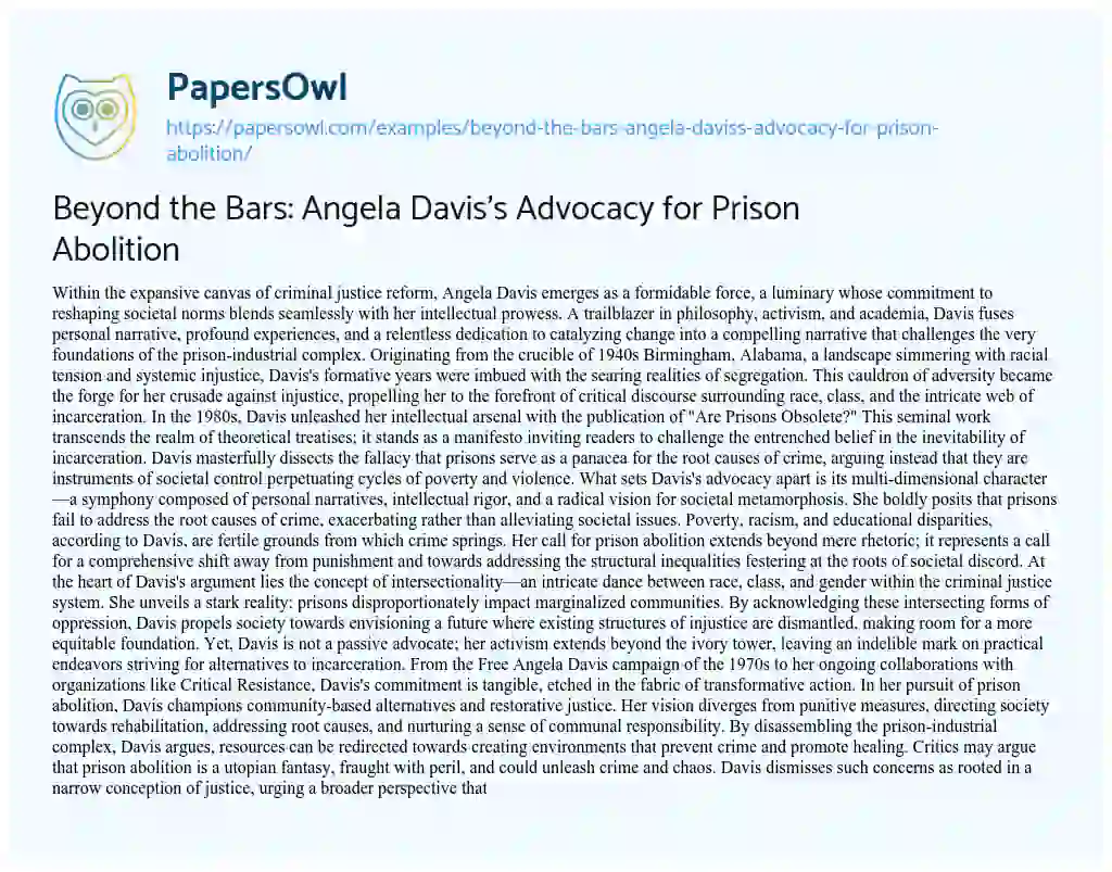 Essay on Beyond the Bars: Angela Davis’s Advocacy for Prison Abolition