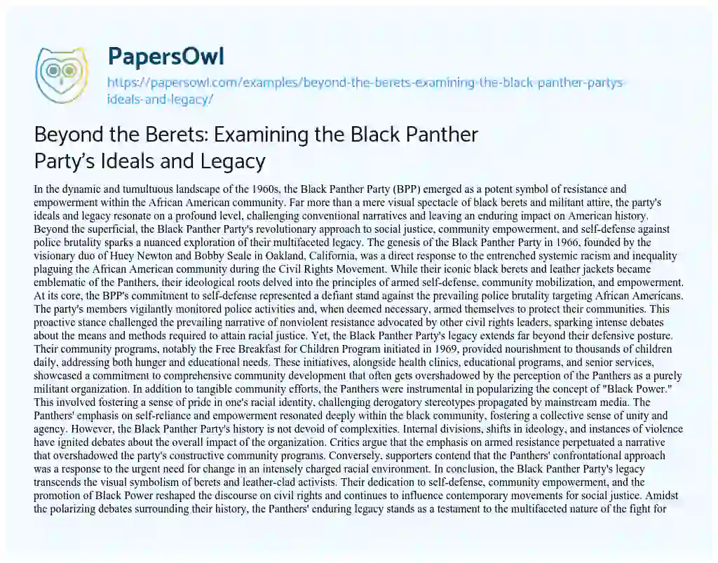 Essay on Beyond the Berets: Examining the Black Panther Party’s Ideals and Legacy