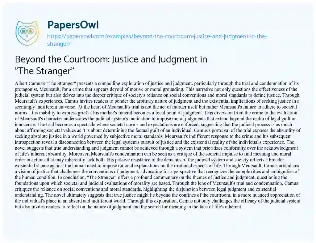 Essay on Beyond the Courtroom: Justice and Judgment in “The Stranger”
