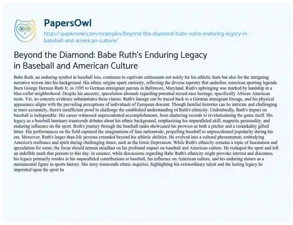 Essay on Beyond the Diamond: Babe Ruth’s Enduring Legacy in Baseball and American Culture