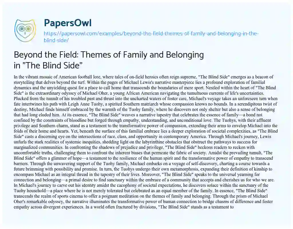 Essay on Beyond the Field: Themes of Family and Belonging in “The Blind Side”