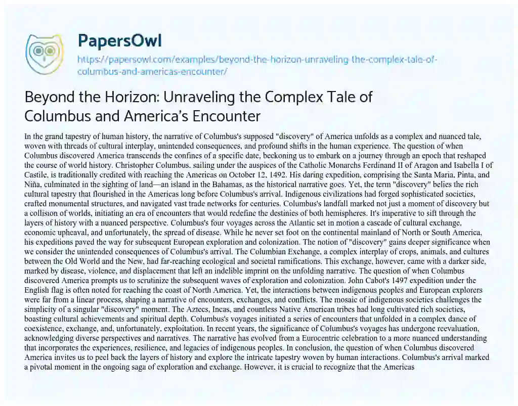 Essay on Beyond the Horizon: Unraveling the Complex Tale of Columbus and America’s Encounter