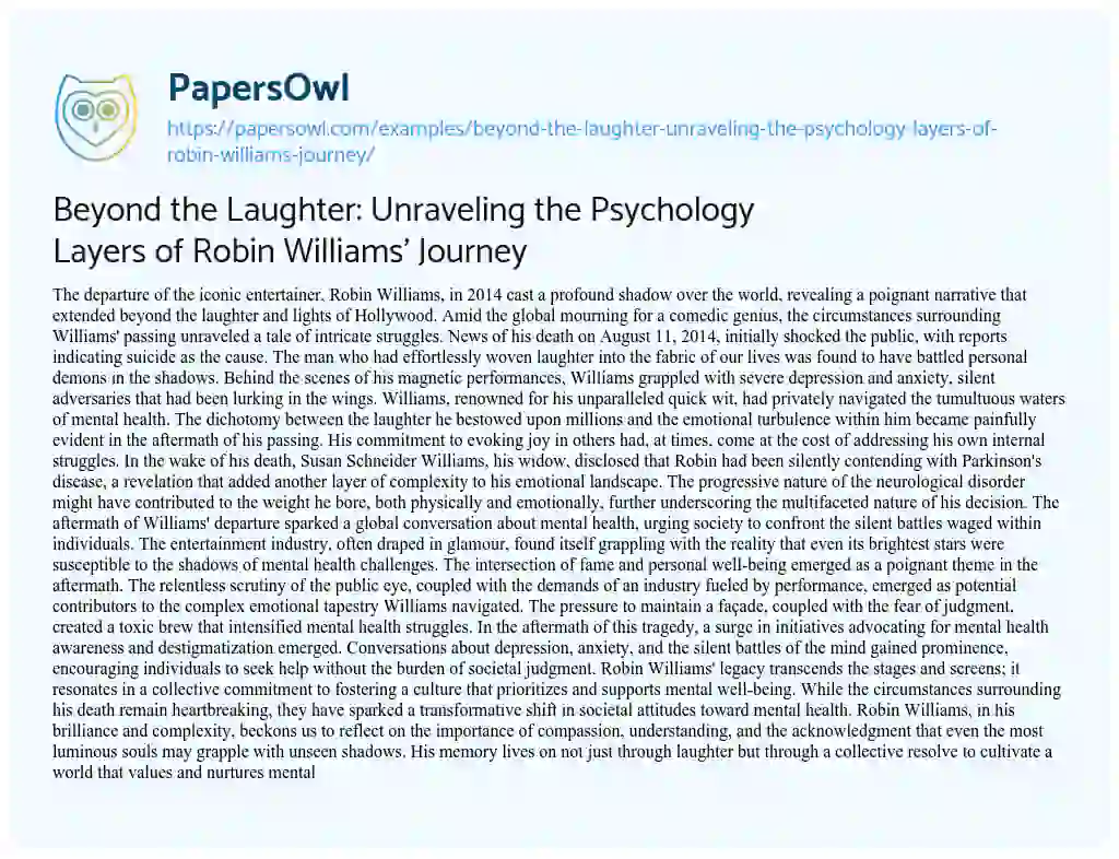 Essay on Beyond the Laughter: Unraveling the Psychology Layers of Robin Williams’ Journey