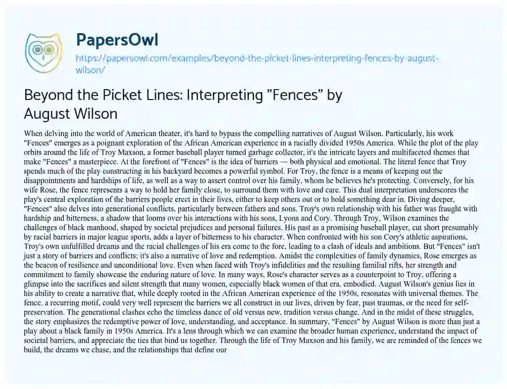 Essay on Beyond the Picket Lines: Interpreting “Fences” by August Wilson